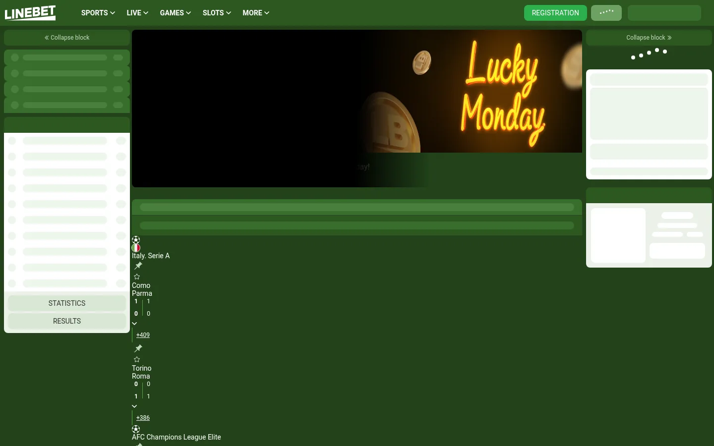 The Linebet home page with the welcome offer and the lobby